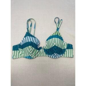 Womens 2XL Bikini Swim‎ Top Halter Straps Blue Green Striped Underwire